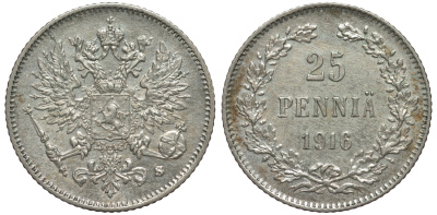 Россия для Финляндии 25 пенни 1916 S, Николай II (1894-1917) KM 6.2, Биткин 421 серебро 75-1355