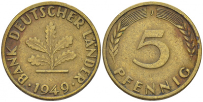 ФРГ 5 ПФЕННИГОВ 1949 J KM 102, J. 377 сталь плакированная латунью 112-933