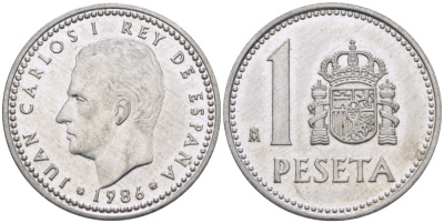 Испания 1 песета 1986 M, Хуан Карлос I (1975-2014) KM 821 алюминий 67-811