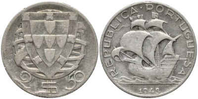 Португалия 2,50 эскудо 1943 парусник КМ 580 серебро 202-356