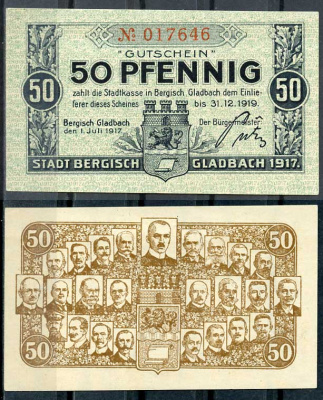 Бергиш-Гладбах 50 пфеннигов 1917 Tieste 0445 05 .03 бумага 8614-20-2-1