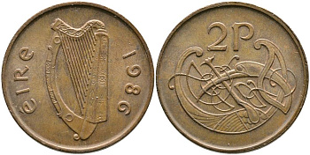 Ирландия 2 пенса 1986 виньетка в виде стилизованной птицы из второй библии Карла II Лысого KM 21 бронза 4525-1126