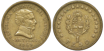 Уругвай 1 песо 1965 KM 46 алюминиевая бронза 24-745