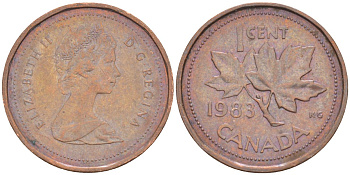 Канада 1 цент 1983 кленовый лист, Елизавета II KM 132 бронза 187-416