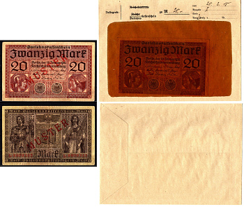 Германия 20 марок 1918 20 февраля, MUSTER, образец, Specimen. В оригинальном банковском конверте. Из коллекции Отто Сейфферта (помощник Ялмара Шахта - министра экономики Германии и президента Рейхсбанка времен третьего рейха) Pick 57 s, Grabowski DEU 62 б