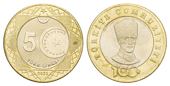 Турция 5 лир 2023 100 лет Турецкой Республики KM NEW биметалл UNC 4641-234