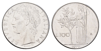 Италия 100 лир 1977 R, Афина у оливкового дерева KM 96.1 нержавеющая сталь 186-1043
