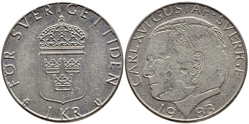 Швеция 1 крона 1983 Карл XVI Густав (1973- ) KM 852a медно-никель 4397-1122