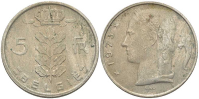 БЕЛЬГИЯ 5 ФРАНКОВ 1973 BELGIE, БОДУЭН I (1951-1993) KM 135.1 медно-никель 119-822