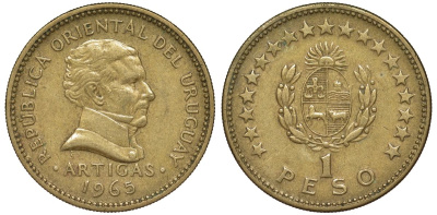 Уругвай 1 песо 1965 KM 46 алюминиевая бронза 24-745