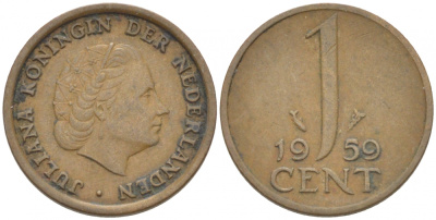 НИДЕРЛАНДЫ 1 ЦЕНТ 1959 ЮЛИАНА KM 180 бронза 3955-244