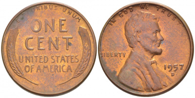 США 1 ЦЕНТ 1957 D ЛИНКОЛЬН KM A132 медь цинк 3309-231