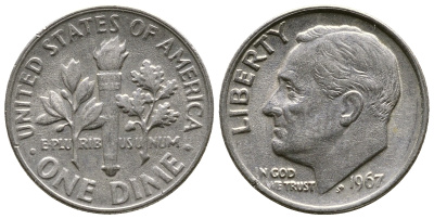 США 10 центов (дайм) 1967 Рузвельт KM 195а медь плакированная медно-никелем 08-1363