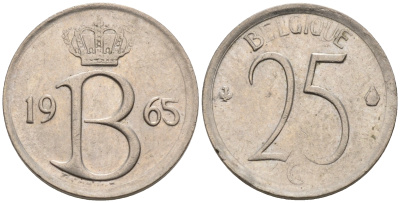 Бельгия 25 сантимов 1965 Belgique, Бодуэн I (1951-1993) KM 153.1 медно-никель 4564-135