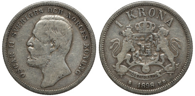 Швеция 1 крона 1898 EB, Оскар II (1872-1907) король Швеции и Норвегии KM 760 серебро 4178-517