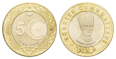 Турция 5 лир 2023 100 лет Турецкой Республики KM NEW биметалл UNC 4641-234