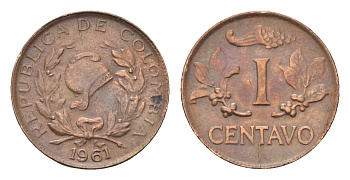 Колумбия 1 сентаво 1961 редкий год KM 205 бронза 4664-127