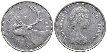 Канада 25 центов 1981 Елизавета II (1952-2022), олень KM 74 никель 4364-2056