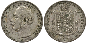 Брауншвейг-Каленберг-Ганновер 1 талер 1854 B, Георг V (1851-1866) КМ 220, Welter 3187, Thun 170, AKS 158, Jaeger 86, Kahnt 237, Davenport 678 серебро 1520-925