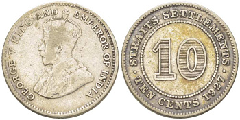 Стрейтс-Сетлментс 10 центов 1927 Георг V (1910-1936) KM 29b серебро 218-852