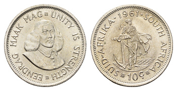 ЮАР 10 центов 1961 Ян ван Рибек KM 60 серебро UNC 84-234