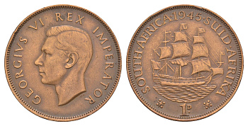 ЮАР 1 пенни 1945 Георг VI (1936-1952) KM 25 бронза 4645-844