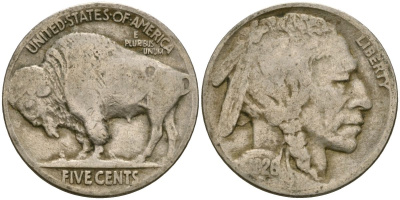 США 5 центов 1926 индеец, бизон KM 134 медно-никель 4135-432