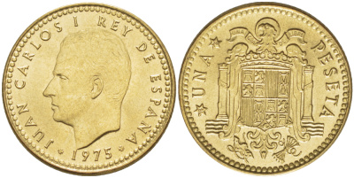 Испания 1 песета 1975 (79) Хуан Карлос I (1975-2014) KM 806 алюминиевая бронза UNC 216-421