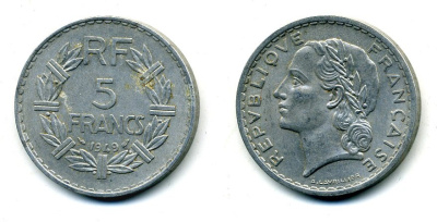 Франция 5 франков 1949 тип Лаврийе KM 888b.1, LE FRANC 339.17 алюминий 36-1256