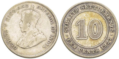 Стрейтс-Сетлментс 10 центов 1927 Георг V (1910-1936) KM 29b серебро 218-852