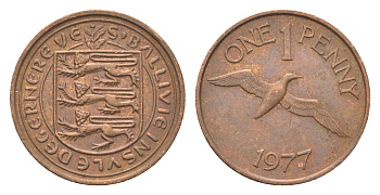 Гернси 1 пенни 1977 Елизавета II (1952-2022), северная олуша в полете KM 27 бронза 4702-722
