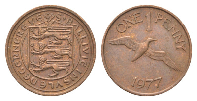 Гернси 1 пенни 1977 Елизавета II (1952-2022), северная олуша в полете KM 27 бронза 4702-722