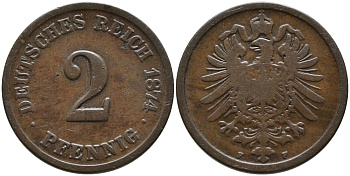ГЕРМАНИЯ 2 ПФЕННИГА 1874 F, СТАРОГЕРБОВКА KM 2, J.2 медь 179-1035