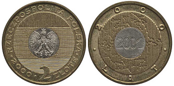 Польша 2 злотых 2000 MW, миллениум KM 374 биметалл UNC 114-111