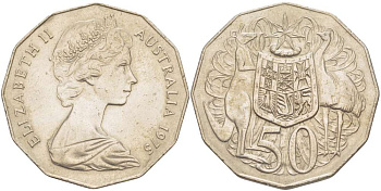 Австралия 50 центов 1975 Елизавета II (1952-2022), герб Австралии, кенгуру KM 68 медно-никель 4184-1034