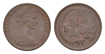 Австралия 1 цент 1971 Елизавета II (1952-2022), молодой портрет, опоссум KM 62 бронза 4655-1168