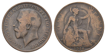 Великобритания 1 пенни 1918 H, Георг V (1910-1936) KM 810, Spink 4052 бронза 4661-546