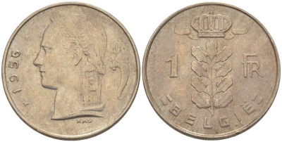 БЕЛЬГИЯ 1 ФРАНК 1956 BELGIE, БОДУЭН I (1951-1993) KM 143.1 медно-никель 202-953