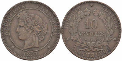 Франция 10 сантимов 1897 A, Третья Республика (1871-1940) KM 815.1, LA FRANC 135.44 бронза 4683-513