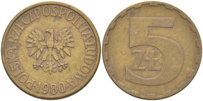 ПОЛЬША 5 ЗЛОТЫХ 1980 MW KM 81.1 латунь 106-621