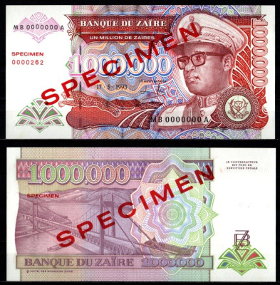 Заир 1000000 заиров 1993 SPECIMEN - образец Pick 45 b бумага UNC (пресс) 451-1103-3