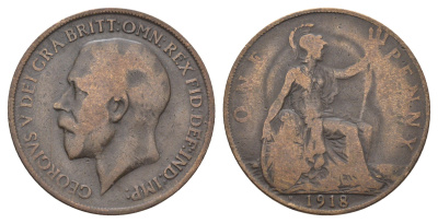 Великобритания 1 пенни 1918 H, Георг V (1910-1936) KM 810, Spink 4052 бронза 4661-546