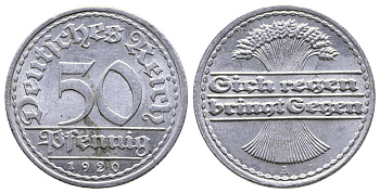 ГЕРМАНИЯ 50 ПФЕННИГОВ 1920 А KM 27, J. 301 алюминий 4380-553