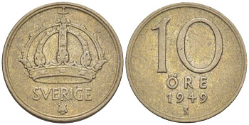 Швеция 10 эре 1949 TS, Густав V (1907-1950) KM 813 серебро 116-1161