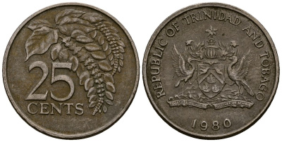 Тринидад и Тобаго 25 центов 1980 цветок дикая пуансеттия KM 32 медно-никель 4176-157