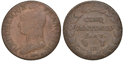 Франция 5 сантимов L AN 7 BB, Исполнительная директория (1795-1799) KM 640.4 (C 135.4) бронза 4167-214