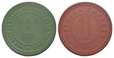 Чили, Компания (Empresa), Токо (Toco) шахтерский жетон с Селитряного рудника для покупки в местных магазинах, номиналом в 1 песо 1880-1920 диаметр 45 мм, вес 5,31 гр Espinosa 100.8 эбонит (зеленый и охра) 01-234-35