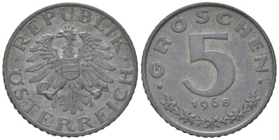 Австрия 5 грошей 1968 KM 2875 цинк aUNC 3955-666