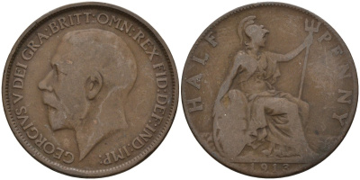 Великобритания 1/2 пенни 1913 Георг V (1910-1936) KM 809, Spink 4056 бронза 4146-131