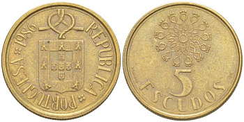 ПОРТУГАЛИЯ 5 ЭСКУДО 1986 KM 632 никель латунь 4523-1042